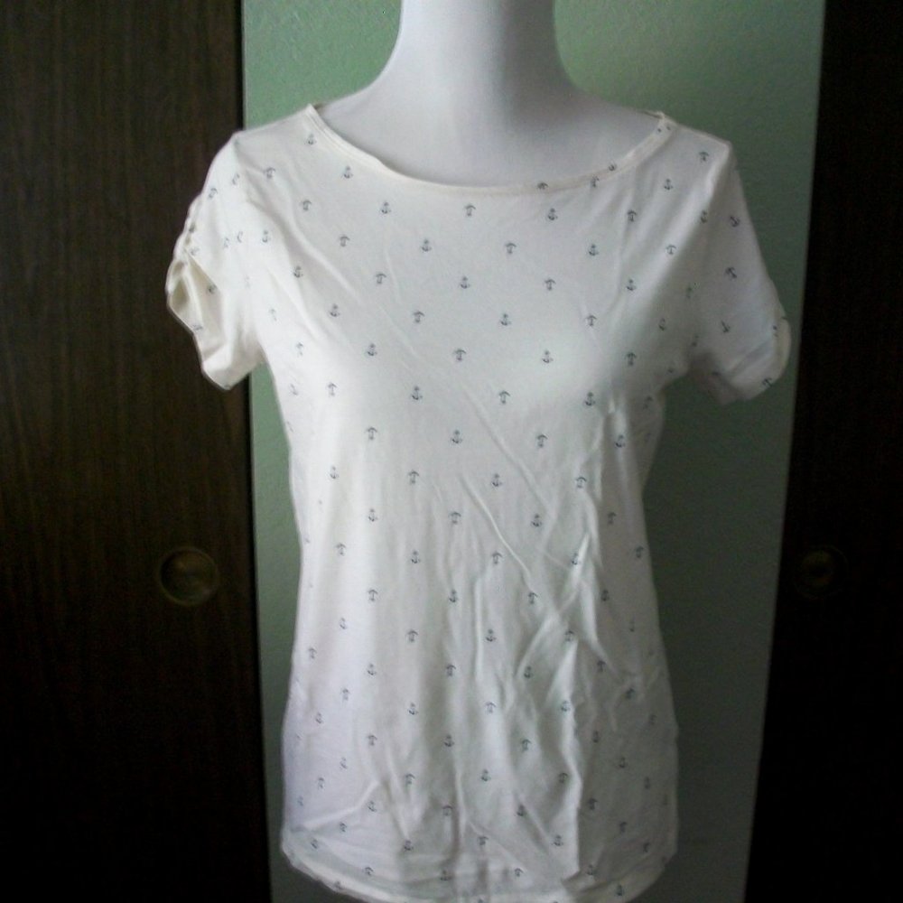 Joe Fresh Boat Neck Short Sleeve Black Anchor Nautical Knit Tee Shirt White Sz L
